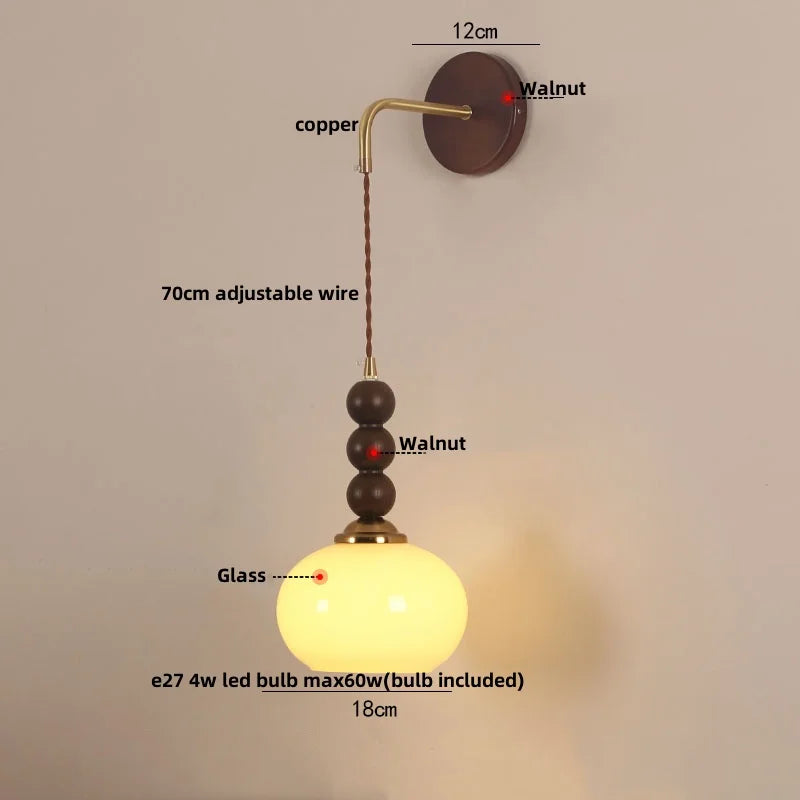 Modern LED Walnut Wood Wall Lights with Glass Shade & Pull Chain Switch