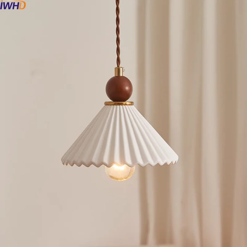 Ceramic Wood LED Pendant Lamp for Home Decor, Hanging Light Fixture