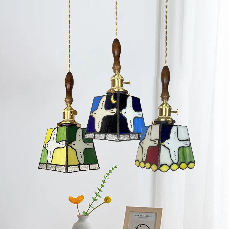 Peace Dove Tiffany Style LED Pendant Lamp - Colorful Glass, Copper Knob Switch