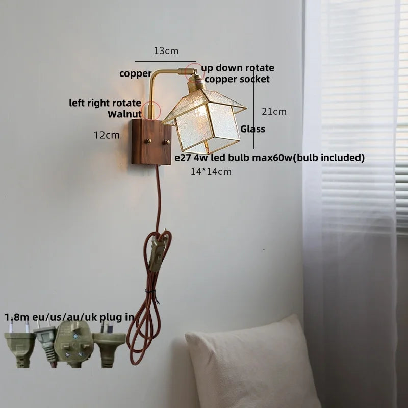 Vintage LED Wall Lamp Sconce with Rotatable Glass Shade & Pull Chain Switch