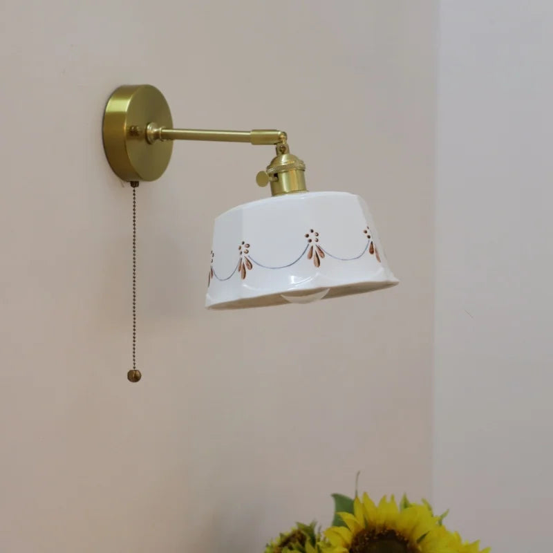 Ceramic Hand-painted LED Wall Light, Pull Chain Switch, Modern Bedside Lamp
