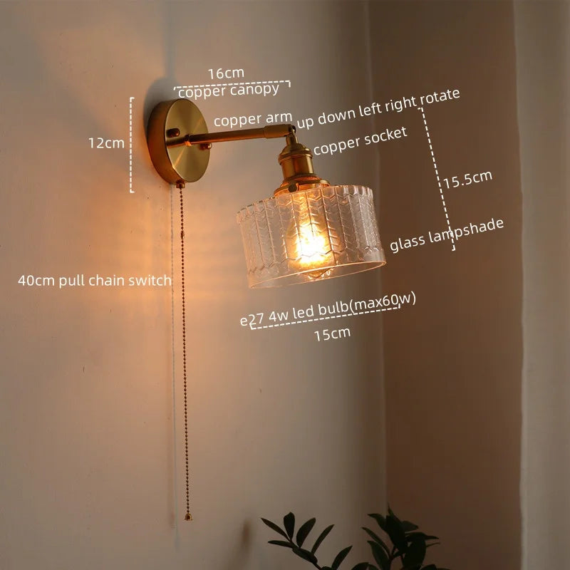 LED Glass Copper Wall Sconce Pull Chain Switch Lamp for Bedroom Living Room
