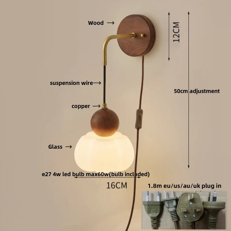 Copper Adjustable LED Wall Light; Modern Pull Chain Switch Glass Stair Lights