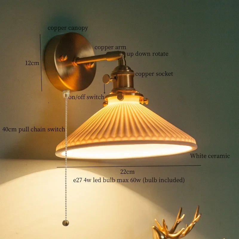 Afralia™ Brass Ceramic LED Wall Light | Nordic Modern Bedside Lamp for Bedroom, Bathroom, and Sofa