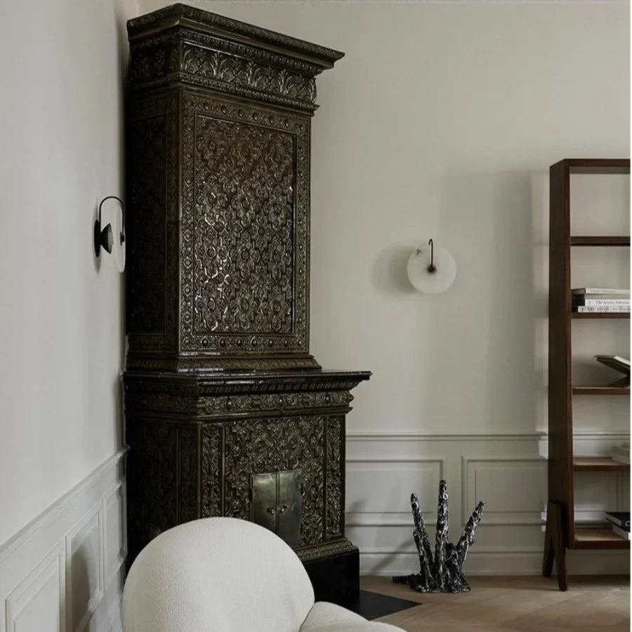 Nordic LED Wall Sconce Black Iron Round Marble Light Fixture