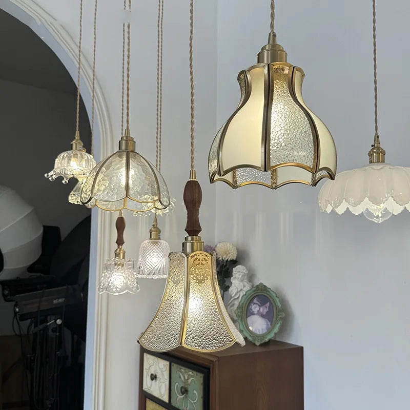 Walnut Wood & Copper Glass Pendant Light Fixture, LED Dining Room Luminaire