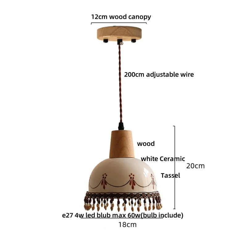 Brown Wood Ceramic Tassel LED Pendant Lights for Modern Interior Lighting