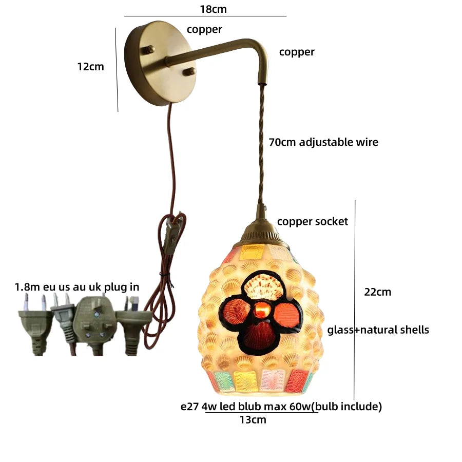 Amber Glass LED Wall Sconce with Pull Chain Switch for Bedroom and Bathroom