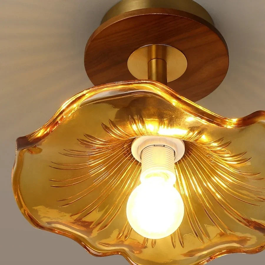 Afralia Wood Copper LED Ceiling Light Amber Glass Plafond Lamp