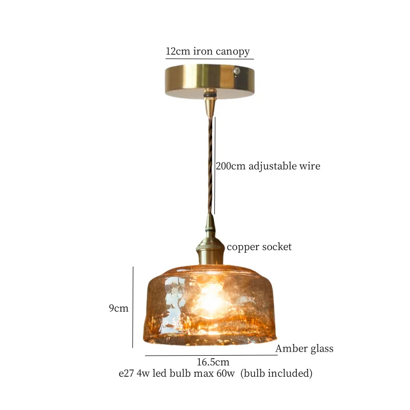 Brass Amber Glass LED Pendant Light for Restaurant Bedside Kitchen Loft Bar