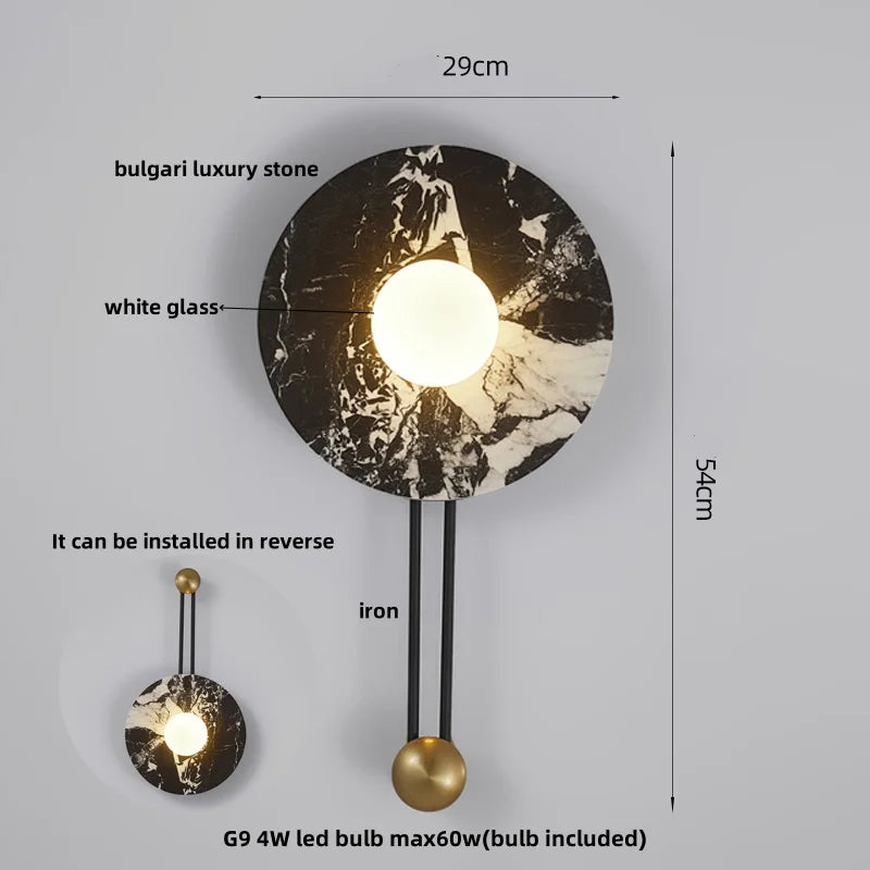 Round Black Iron LED Wall Lamp Bulgari Marble White Glass Stair Light