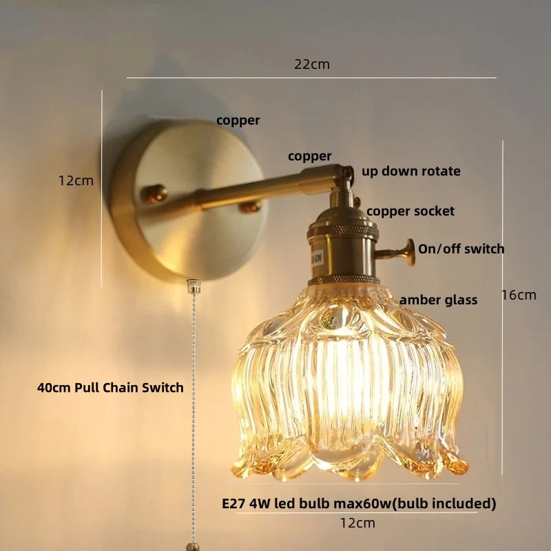 Afralia™ Copper Rotate LED Wall Light with Pull Chain Switch - Modern Glass Bedside Sconce