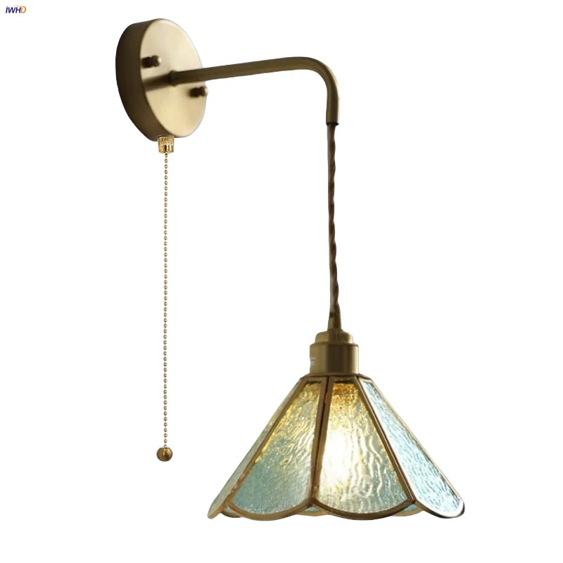 Blue Glass LED Wall Sconce Pull Chain Switch Staircase Tiffany Style Mirror Light