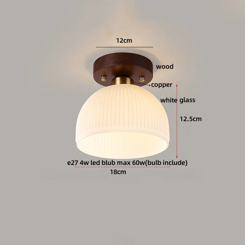 Nordic LED Ceiling Light Amber Glass Wood Brass Flush Mount Lamp