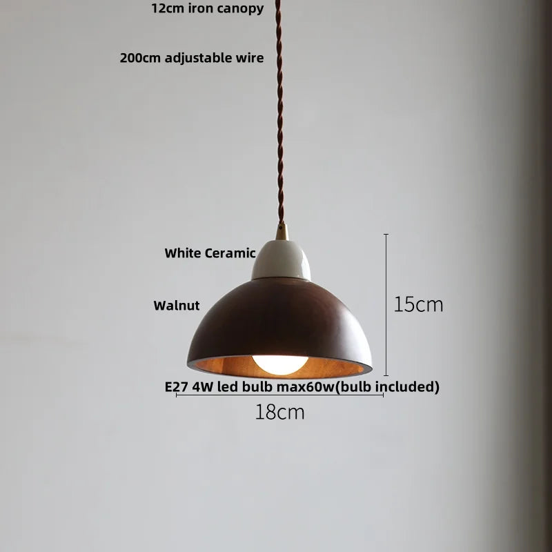 Ceramic Walnut Pendant Light with LED, Adjustable Hanging Lamp
