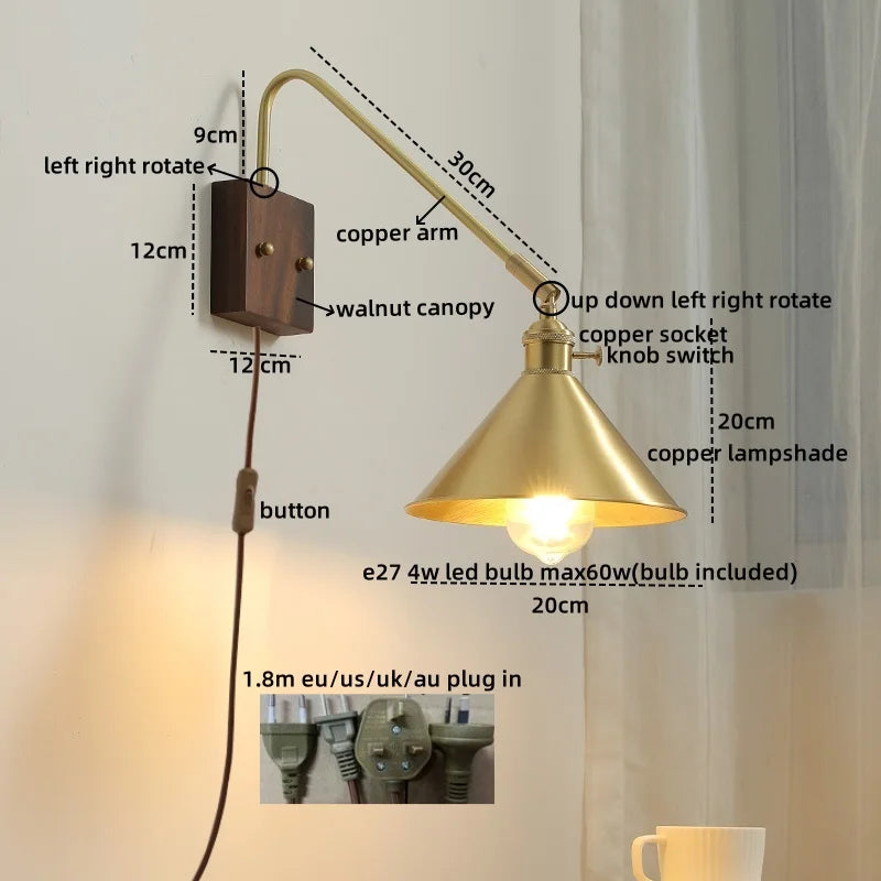 Walnut Copper LED Wall Lights Modern Bedside Lamp Applique Da Parete