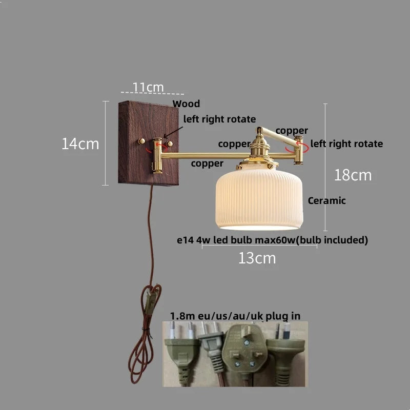 Wood Swing Arm LED Wall Light - Rotatable Bedroom Balcony Bedside Lamp