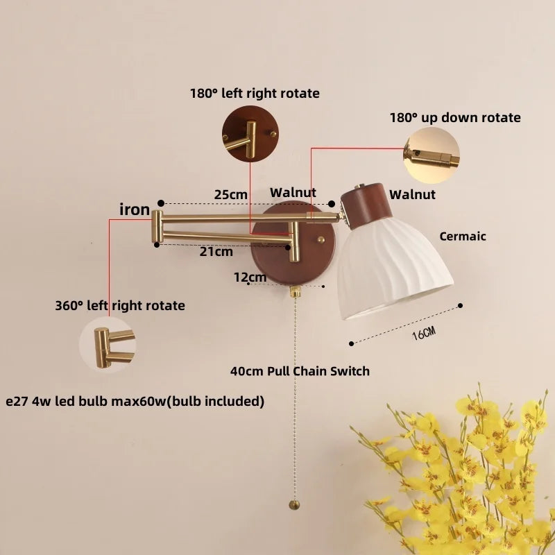 Walnut Wood LED Wall Sconce Pull Chain Switch Stair Light