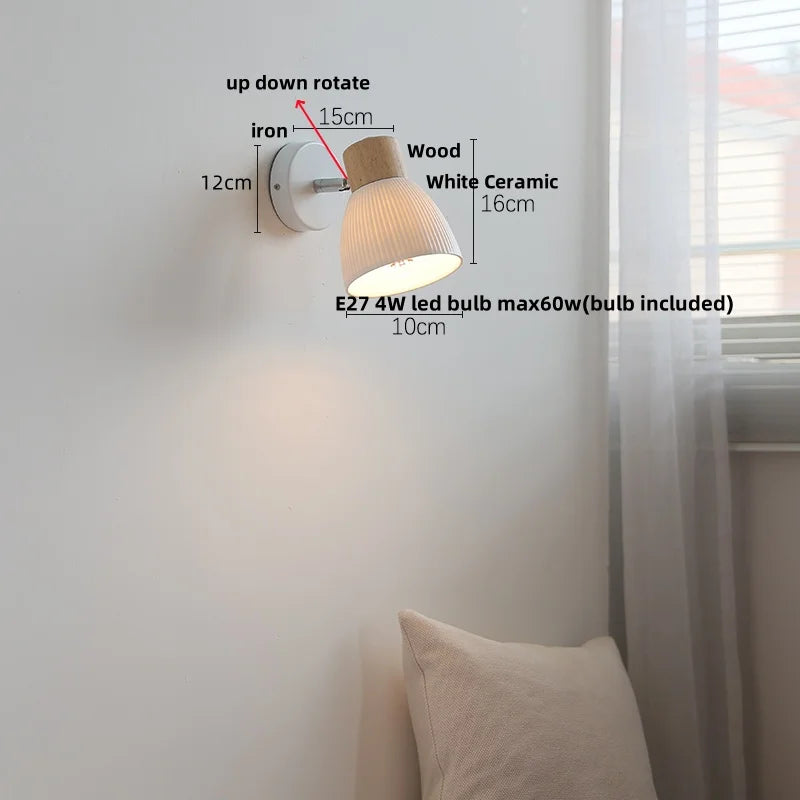 Ceramic LED Wall Lights with Pull Chain Switch, Modern Wood Base Bedside Lamp