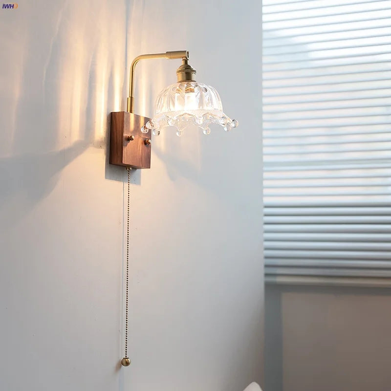 Nordic LED Wall Light with Pull Chain Switch, Copper Walnut Wood and Clear Glass