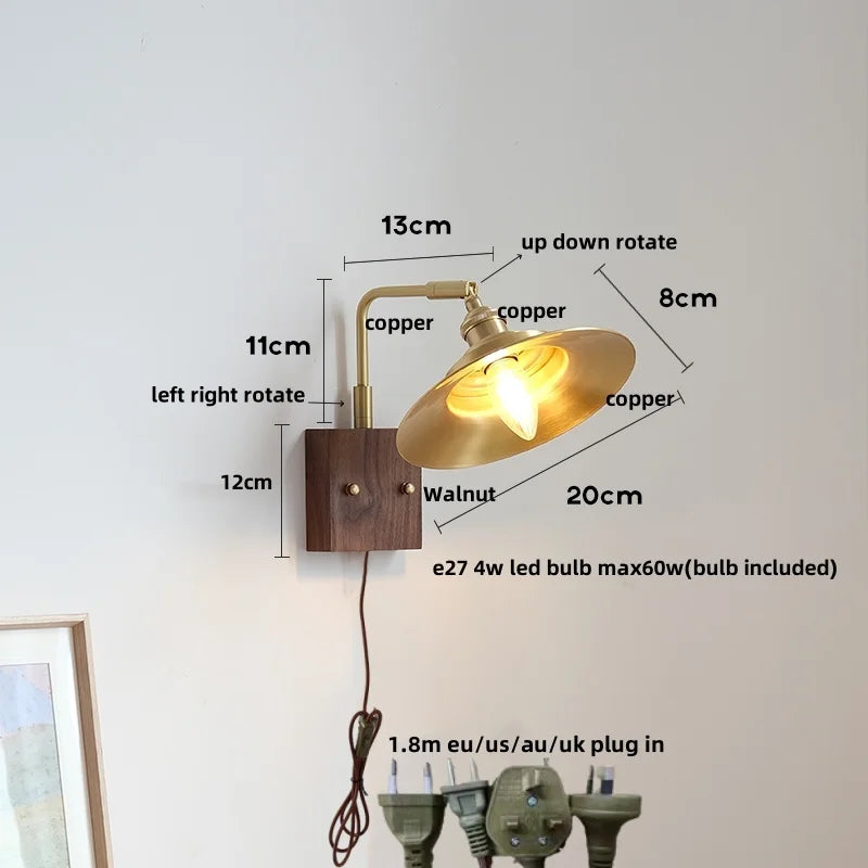 Wood LED Wall Light Up Down Rotate Copper Bedside Lamp