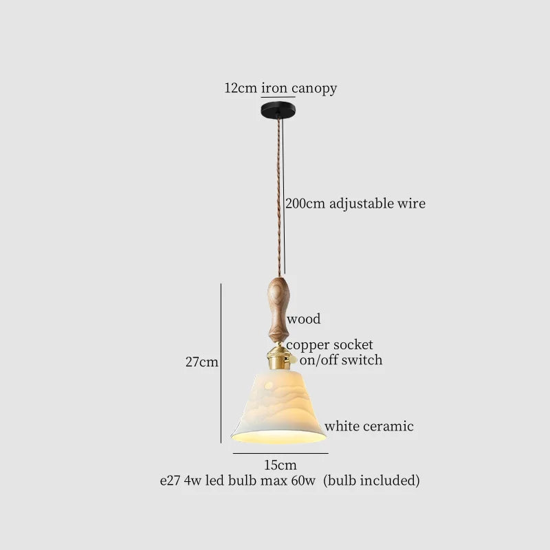 White Ceramic Brass LED Pendant Light - Vintage Japanese Hanglamp