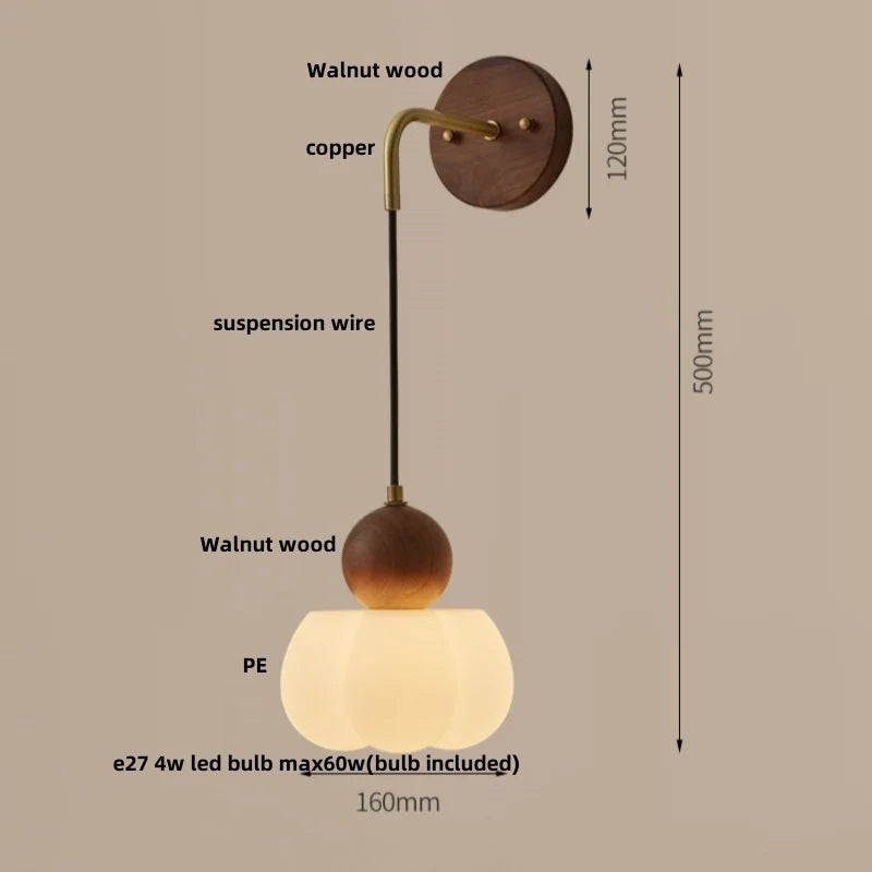 Walnut Wood LED Wall Lamp Sconce Pull Chain Switch Adjustable Art Light