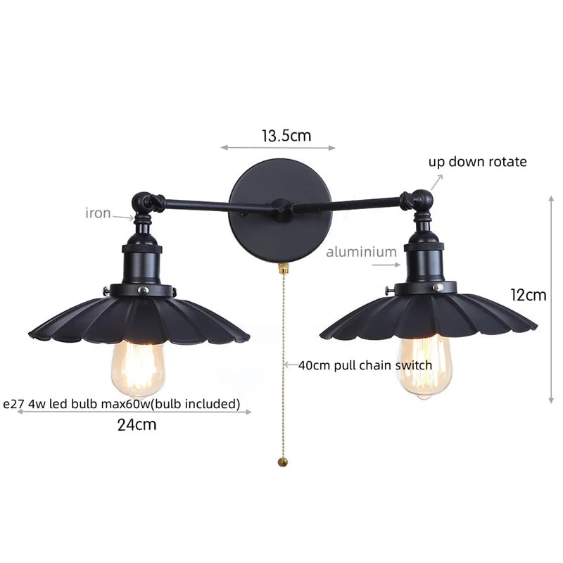 Industrial Retro LED Wall Lamp with Two Heads and Pull Chain Switch