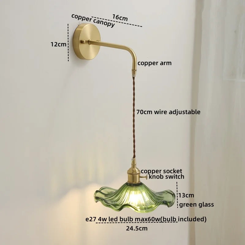 Glass Copper LED Wall Lights with Knob Switch, Modern Bedside Lamp