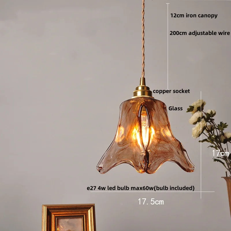 Amber Glass LED Pendant Light Fixture, Vintage E27 Copper Hanging Lamp