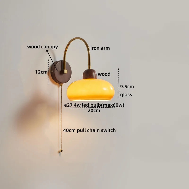 LED Wall Sconce Pull Chain Switch Modern Stair Lights Glass Wood