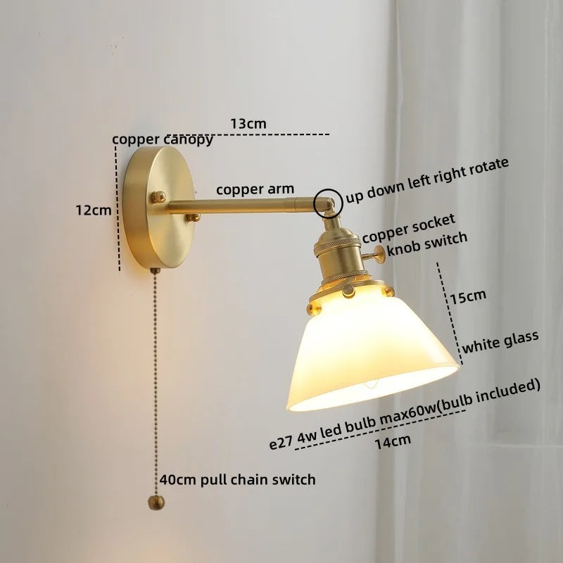 Copper Glass LED Wall Sconce Pull Chain Switch Modern Stair Light Fixtures