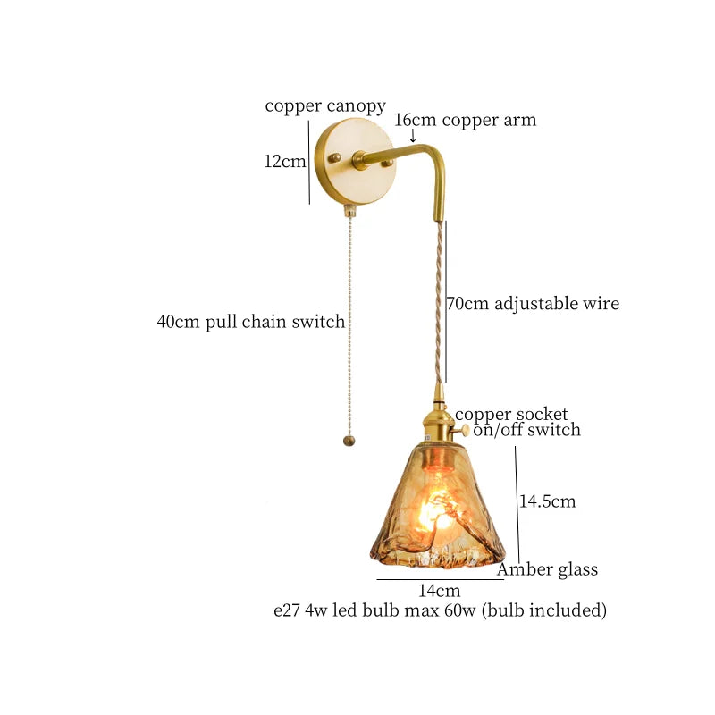 Glass LED Wall Sconce Bedroom Loft Bathroom Stair Light Pull Chain Copper