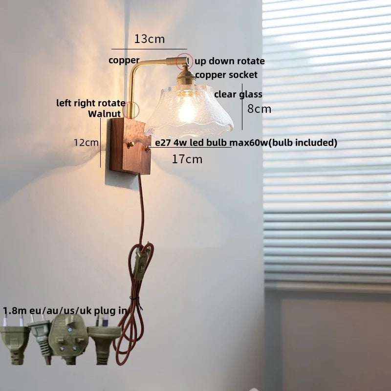 Nordic LED Wall Light with Pull Chain Switch, Copper Walnut Wood and Clear Glass