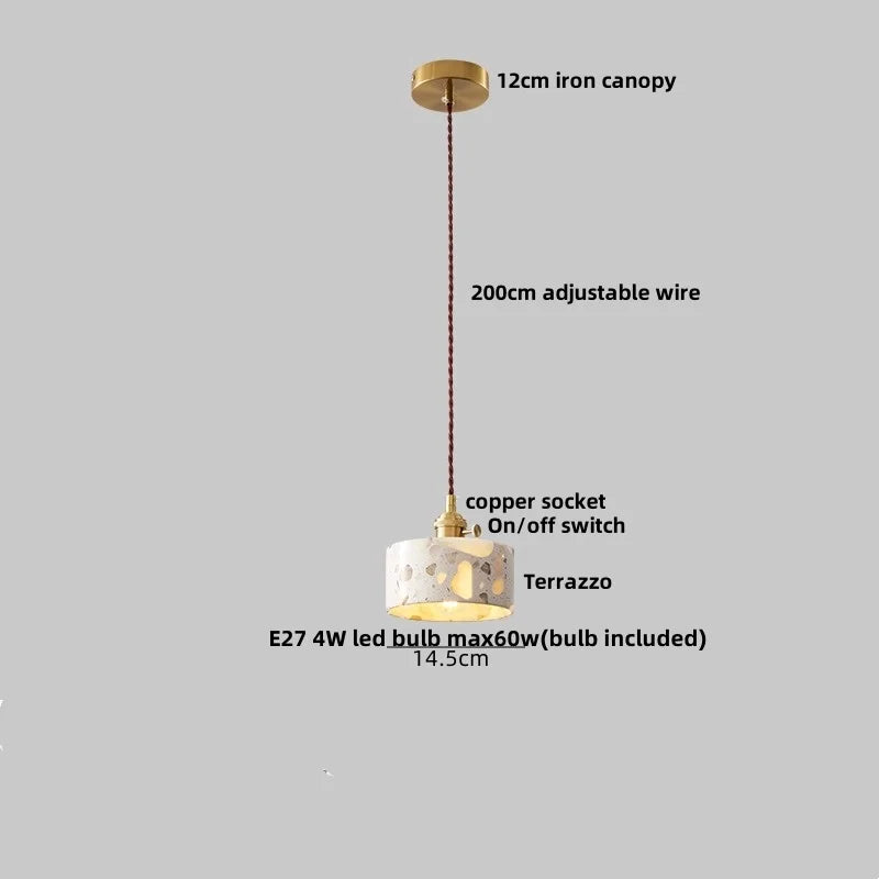 Terrazzo Stone Glass Pendant Light Fixture Wood Knob Switch LED Hang Lamp