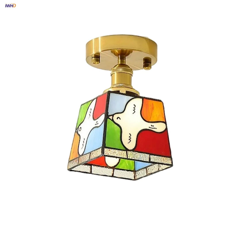 Tiffany Cube Glass LED Ceiling Lamp Copper Canopy Flush Mount Light