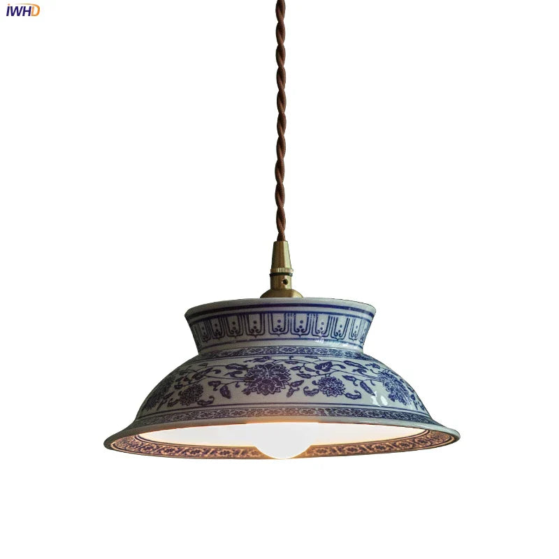 Vintage Ceramic LED Pendant Light with Adjustable Copper Socket & Knob Switch