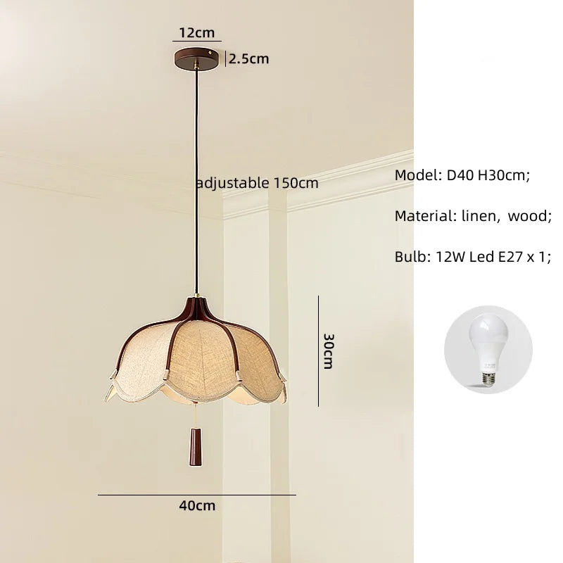 Wood E27 LED Fabric Pendant Chandelier for Dining & Bedroom Lighting