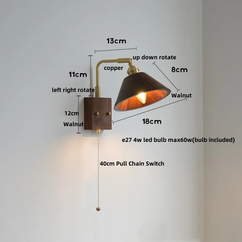 Walnut Wood LED Wall Lamp Sconce with Pull Chain Switch Rotation Mirror Light