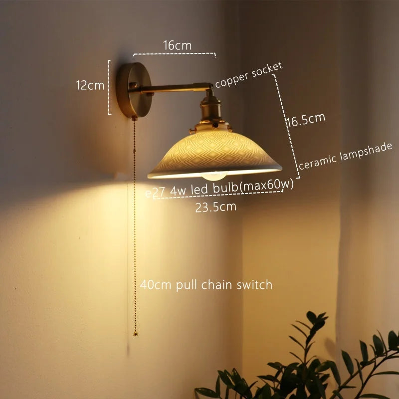 Ceramic Copper LED Wall Lamp for Bedroom Bedside Mirror Light