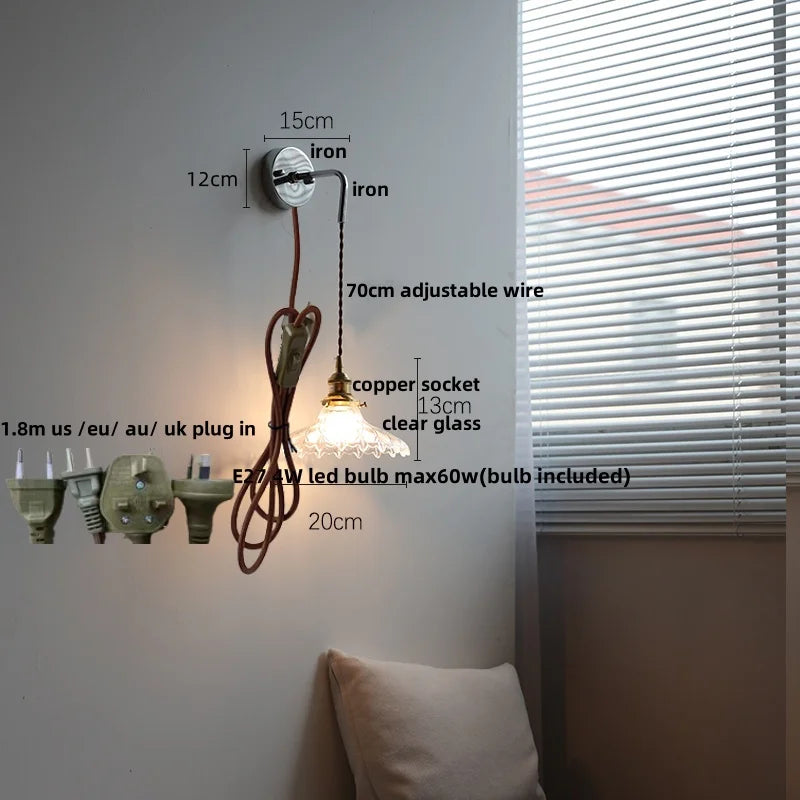 White Glass LED Wall Lights with Pull Chain Switch - Nordic Modern Bedside Lamp