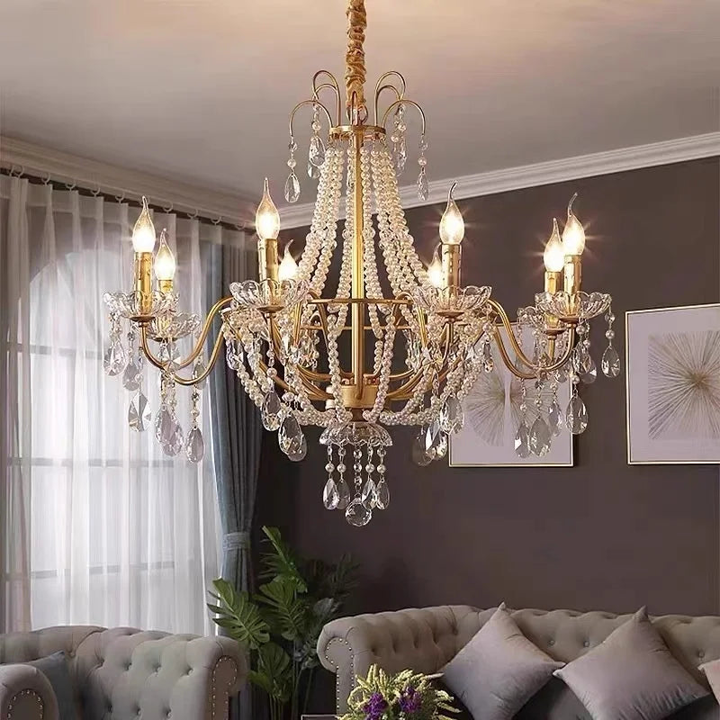 Gold Crystal Pearl Chandelier LED Pendant Lights Luxe Living Room Decor