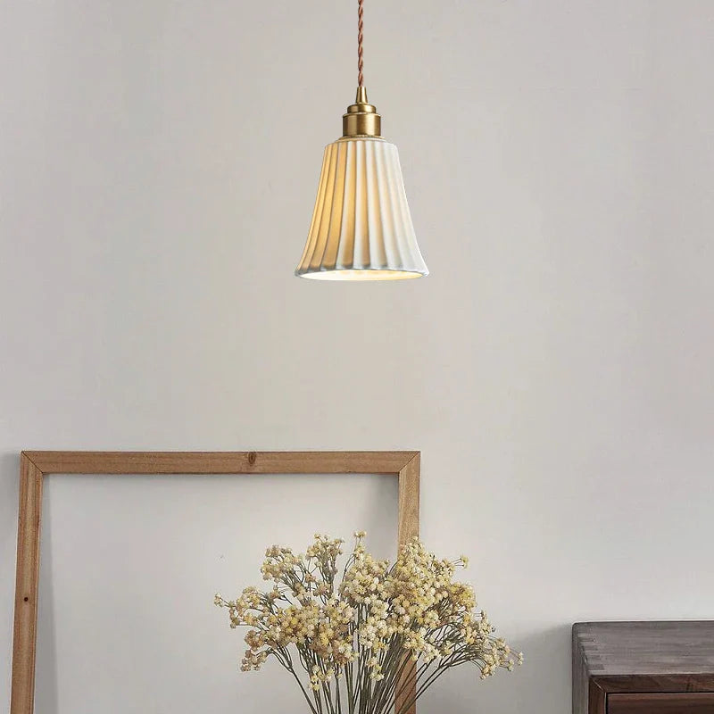 White Ceramic Brass LED Pendant Light - Vintage Japanese Hanglamp