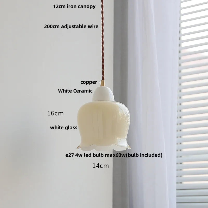 White Glass LED Pendant Lamp Copper Adjustable Hanging Light
