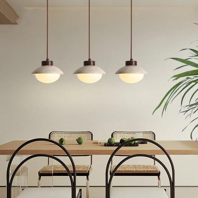 LED Pendant Light: Japanese Style, Yellow Travertine Wood, Adjustable Hanging Lamp