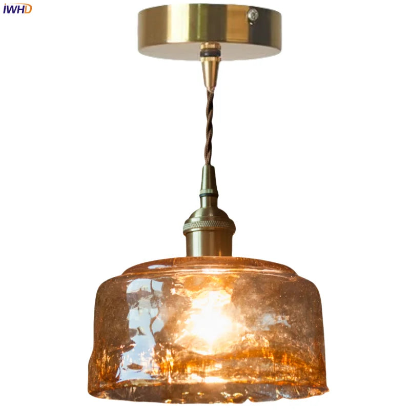 Brass Amber Glass LED Pendant Light for Restaurant Bedside Kitchen Loft Bar