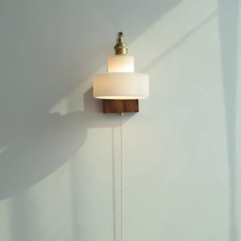 White Glass LED Wall Light Fixture Walnut Wood Brass Pull Chain Switch