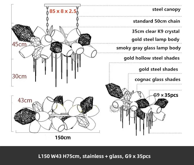 Glass Shades LED Chandelier Stairs Art Metal Lighting Luxe Chain Hanging Lamp