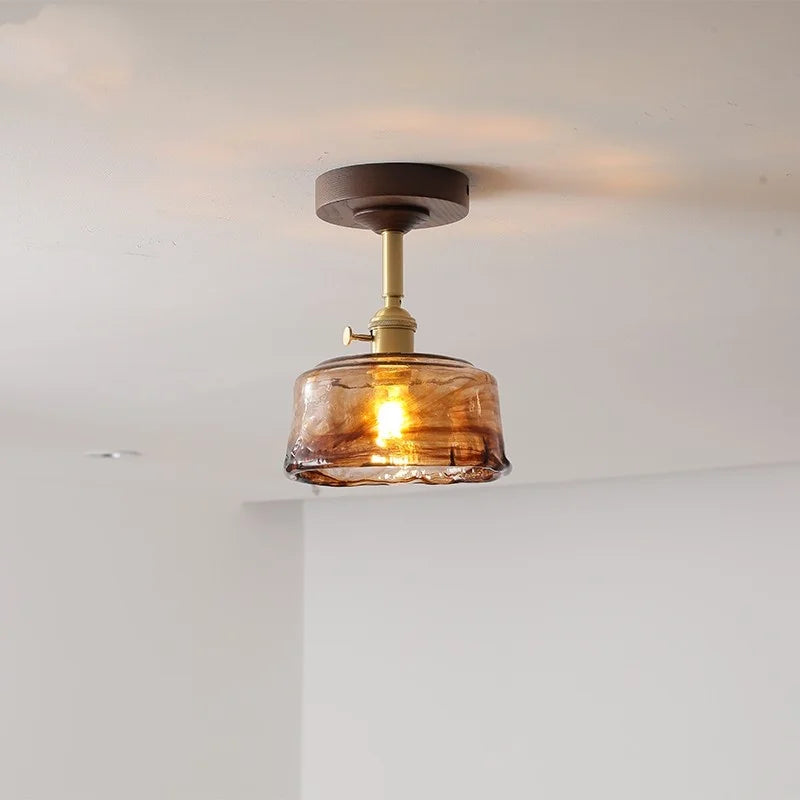 Amber Glass Copper LED Ceiling Light Fixture for Modern Home Decor