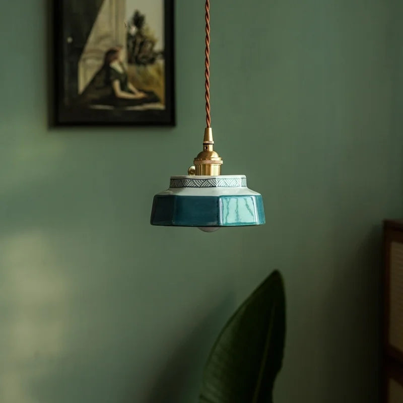 Ceramic LED Pendant Light Japanese Copper Hanging Lamp - Vintage Style
